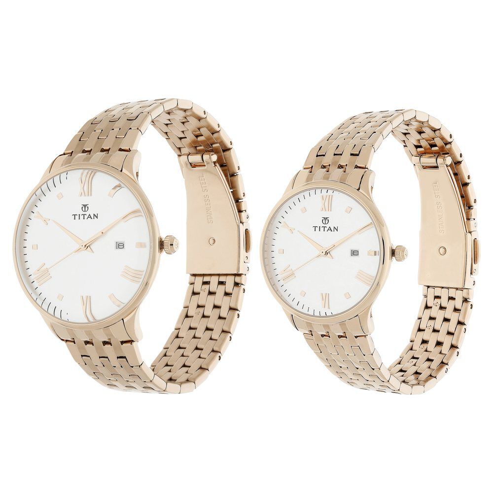 Titan Bandhan Rose Gold Dial Analog with Date Stainless Steel Strap watch for Couple - The Watch Factory ®