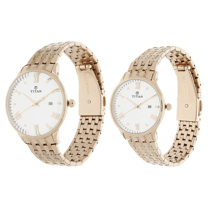Titan Bandhan Rose Gold Dial Analog with Date Stainless Steel Strap watch for Couple - The Watch Factory ®