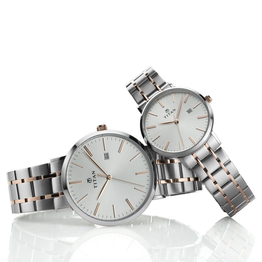 Titan Quartz Analog with Date Silver Dial Stainless Steel Strap Watch for Couple - The Watch Factory ®