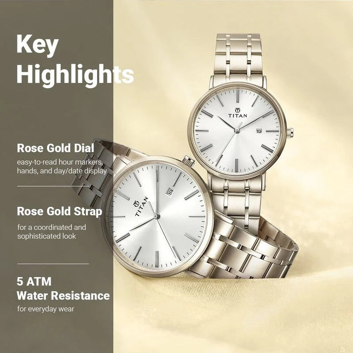 Titan Quartz Analog with Date Rose Gold Dial Stainless Steel Strap Watch for Couple NS9400294202WM01P  / 9400294202WM01P