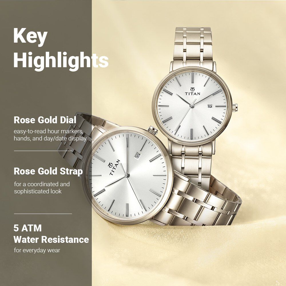 Titan Quartz Analog with Date Rose Gold Dial Stainless Steel Strap Watch for Couple - The Watch Factory ®