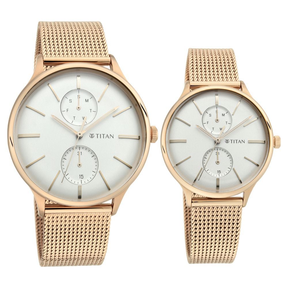 Titan Quartz Multifunction White Dial Stainless Steel Strap Watch for Couple - The Watch Factory ®