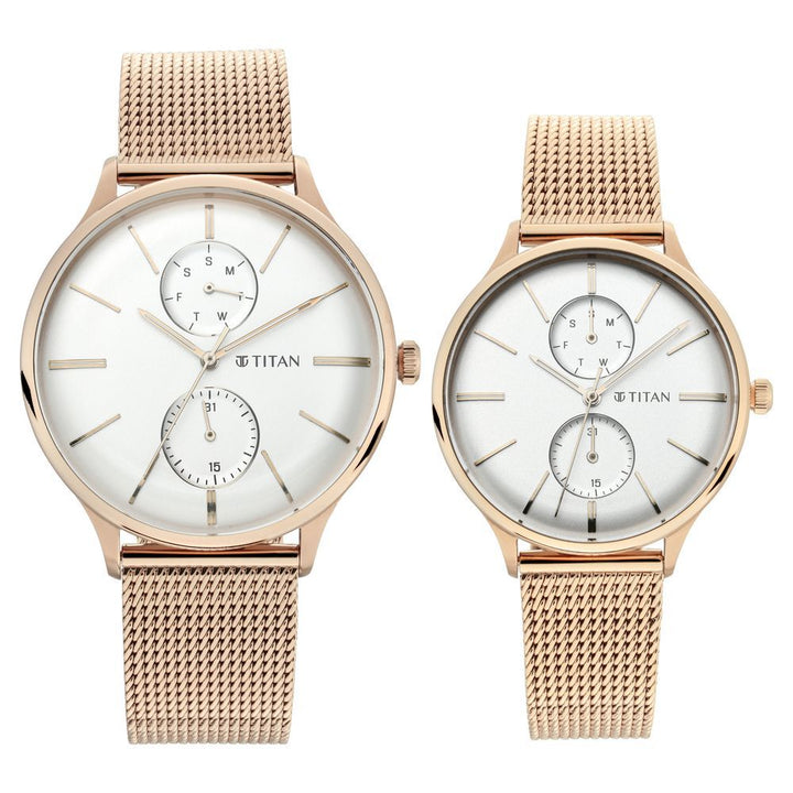 Titan Quartz Multifunction White Dial Stainless Steel Strap Watch for Couple - The Watch Factory ®