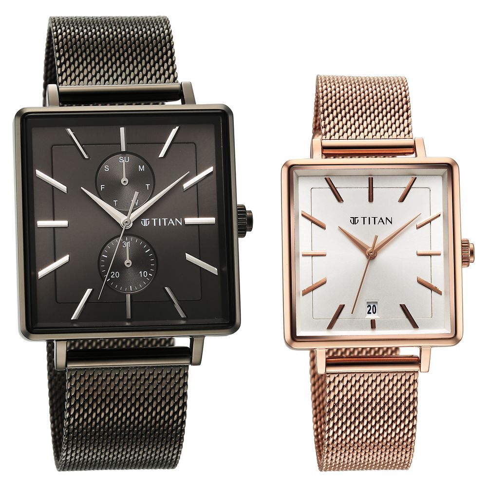 Titan Bandhan Black Dial Quartz Multifunction Stainless Steel Strap watch for Couple - The Watch Factory ®