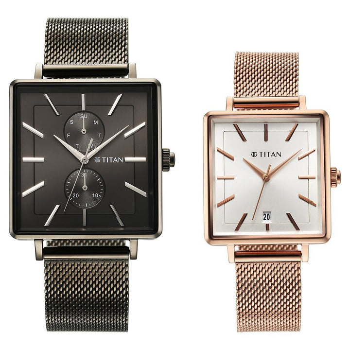 Titan Bandhan Black Dial Quartz Multifunction Stainless Steel Strap watch for Couple - The Watch Factory ®