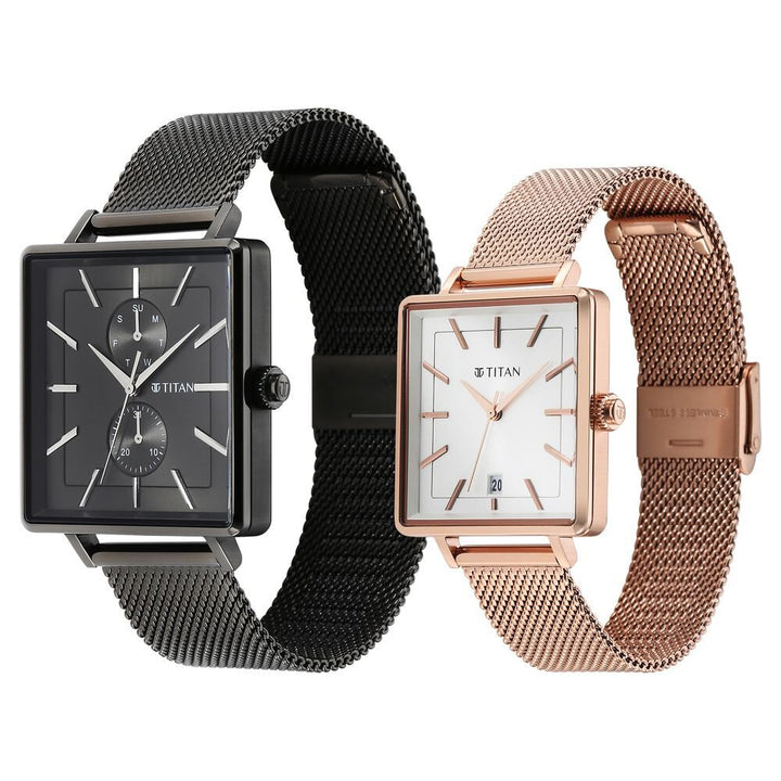 Titan Bandhan Black Dial Quartz Multifunction Stainless Steel Strap watch for Couple - The Watch Factory ®