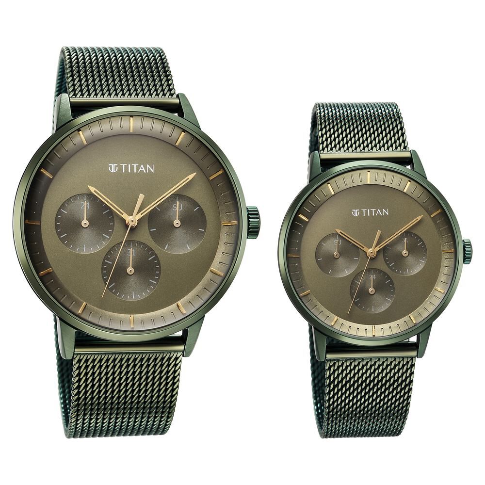Titan Bandhan Green Dial Quartz Multifunction Stainless Steel Strap watch for Couple - The Watch Factory ®
