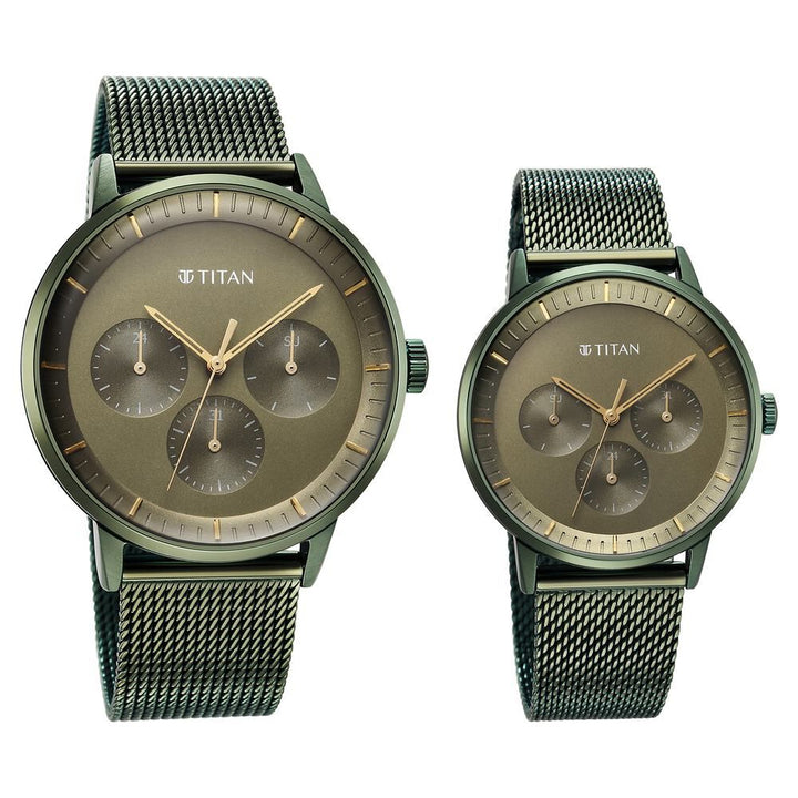 Titan Bandhan Green Dial Quartz Multifunction Stainless Steel Strap watch for Couple - The Watch Factory ®
