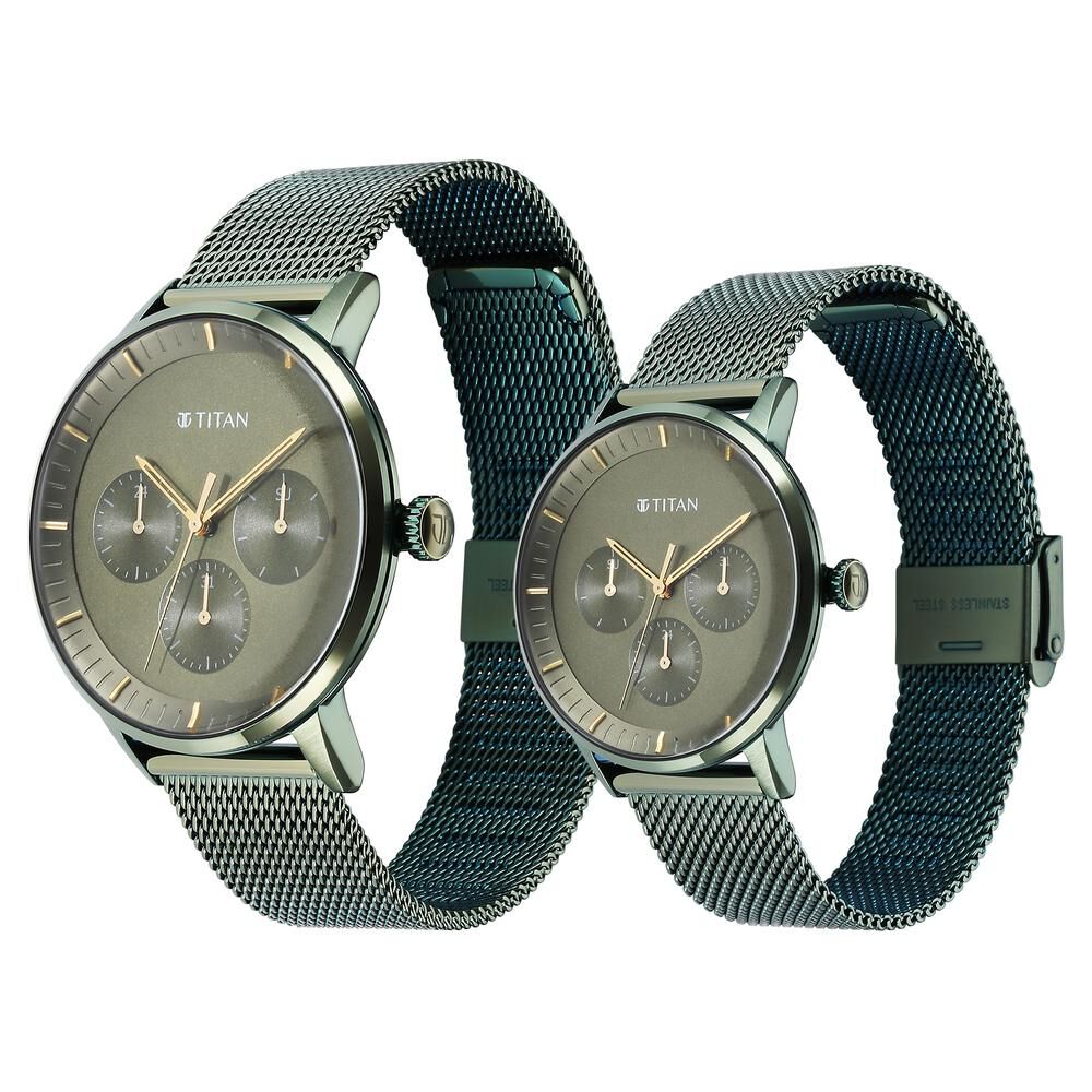 Titan Bandhan Green Dial Quartz Multifunction Stainless Steel Strap watch for Couple - The Watch Factory ®