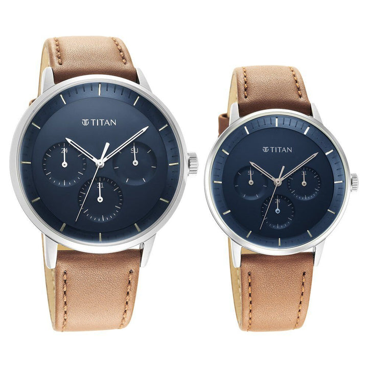 Titan Modern Bandhan Blue Dial Quartz Multifunction Leather Strap watch for Couple - The Watch Factory ®