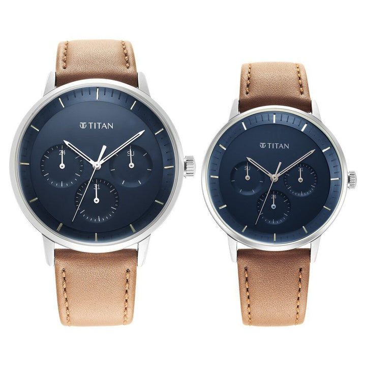 Titan Modern Bandhan Blue Dial Quartz Multifunction Leather Strap watch for Couple - The Watch Factory ®