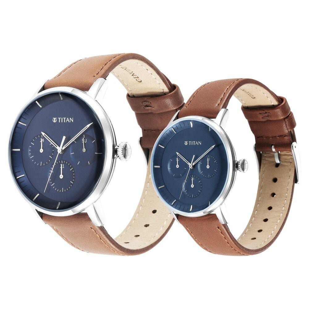 Titan Modern Bandhan Blue Dial Quartz Multifunction Leather Strap watch for Couple - The Watch Factory ®