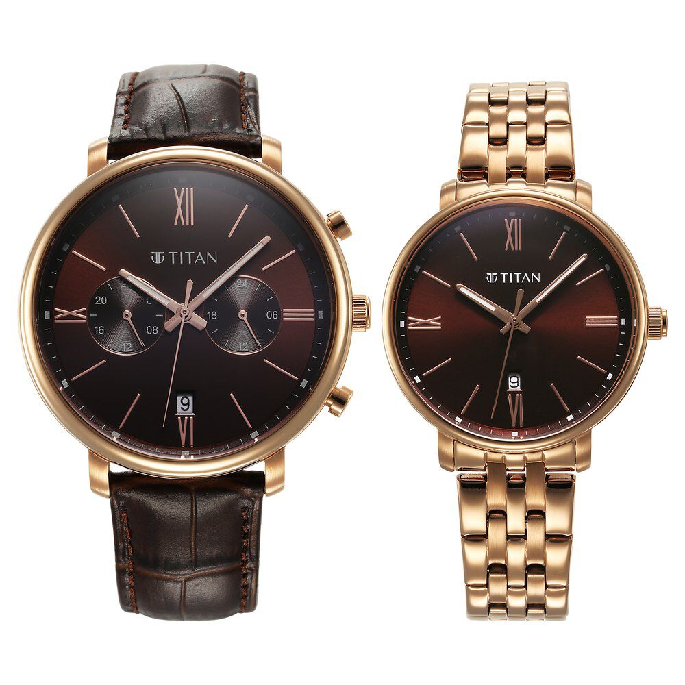 Titan Bandhan Quartz Analog with Date Brown Leather and Stainless Steel Strap for Couple - The Watch Factory ®