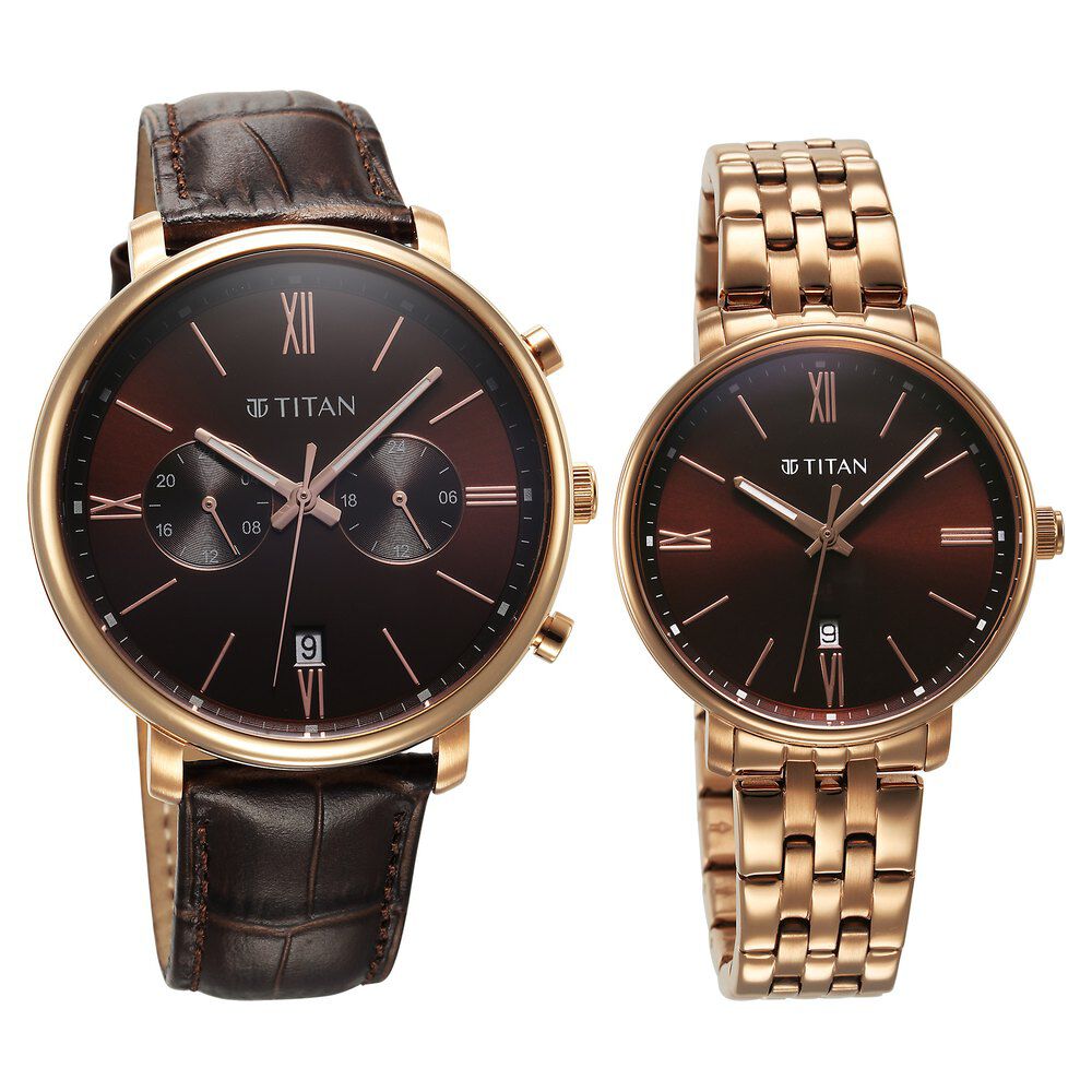 Titan Bandhan Quartz Analog with Date Brown Leather and Stainless Steel Strap for Couple - The Watch Factory ®