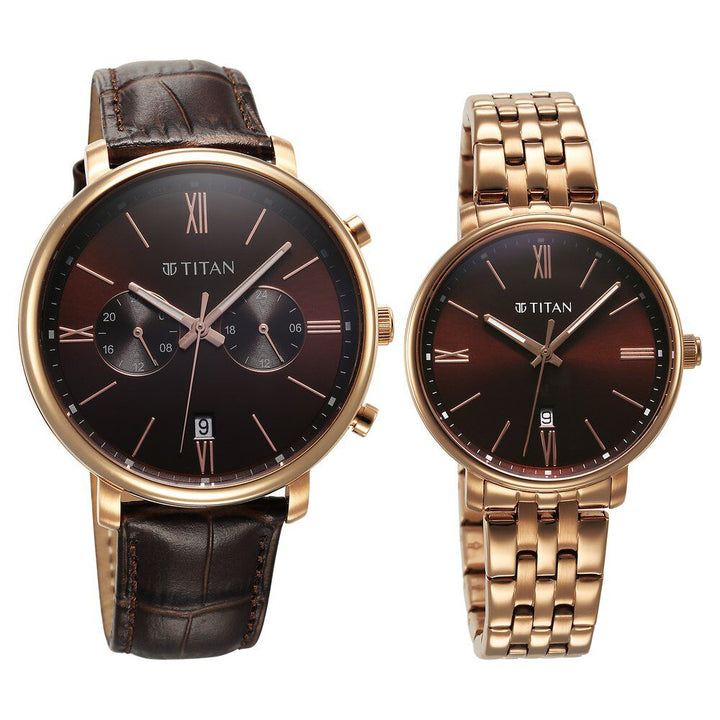 Titan Bandhan Quartz Analog with Date Brown Leather and Stainless Steel Strap for Couple - The Watch Factory ®