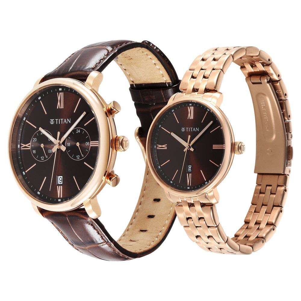 Titan Bandhan Quartz Analog with Date Brown Leather and Stainless Steel Strap for Couple - The Watch Factory ®
