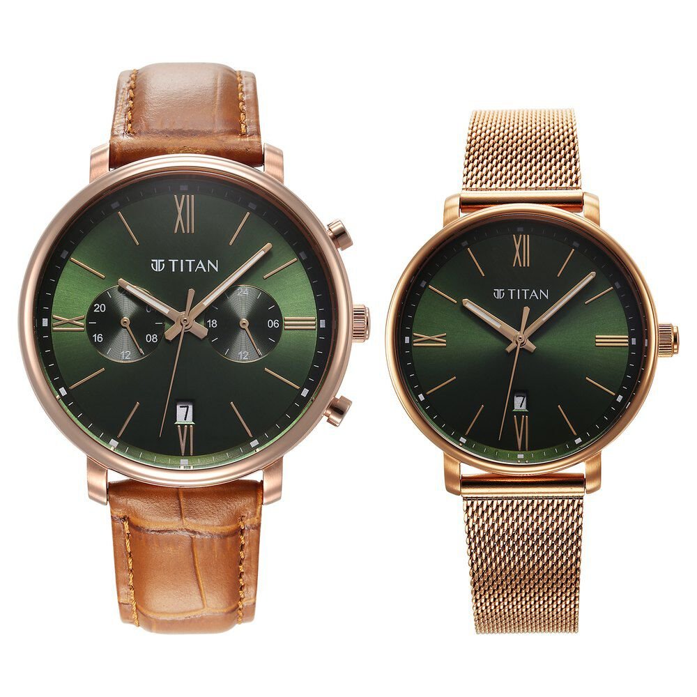 Titan Bandhan Quartz Analog with Date Green Leather and Stainless Steel Strap for Couple - The Watch Factory ®