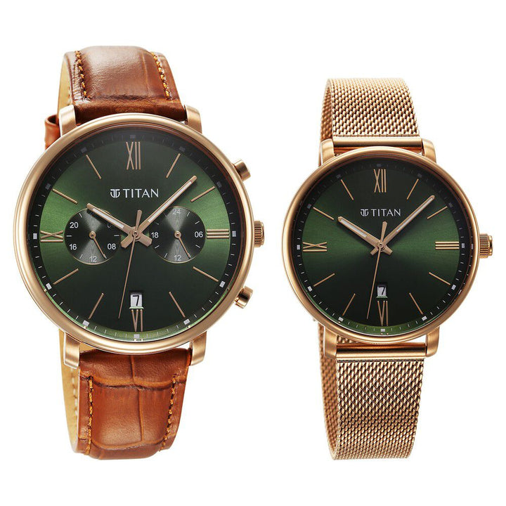 Titan Bandhan Quartz Analog with Date Green Leather and Stainless Steel Strap for Couple - The Watch Factory ®