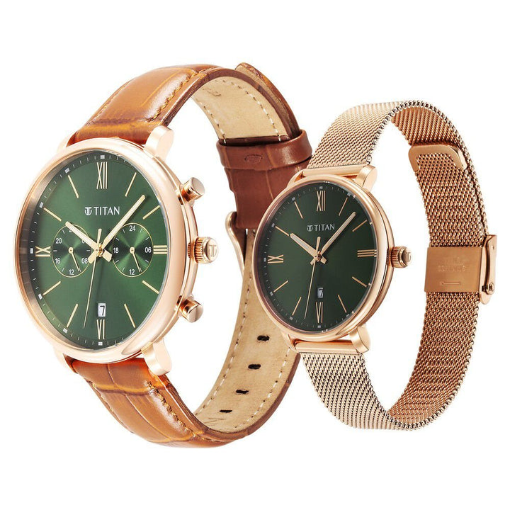 Titan Bandhan Quartz Analog with Date Green Leather and Stainless Steel Strap for Couple - The Watch Factory ®