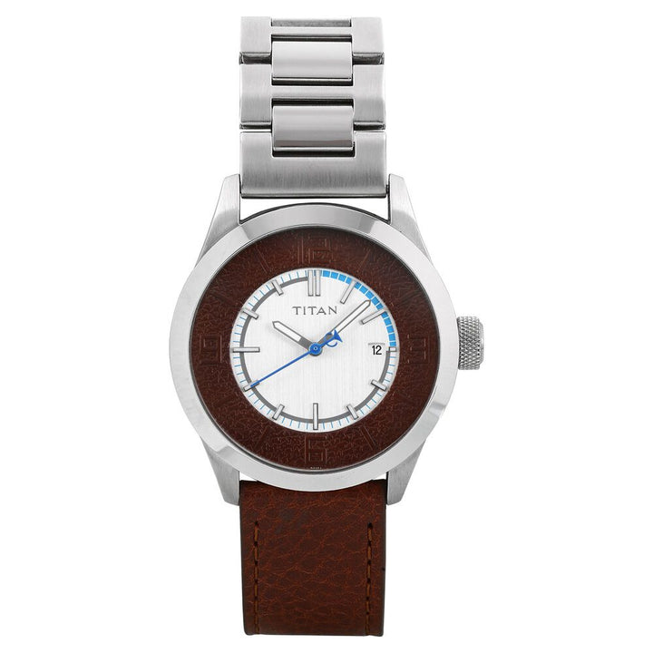 Titan Silver Dial Analog with Date Leather Strap Watch for Men-NB9412SH01