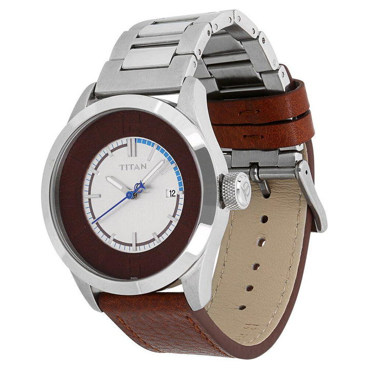 Titan Silver Dial Analog with Date Leather Strap Watch for Men-NB9412SH01