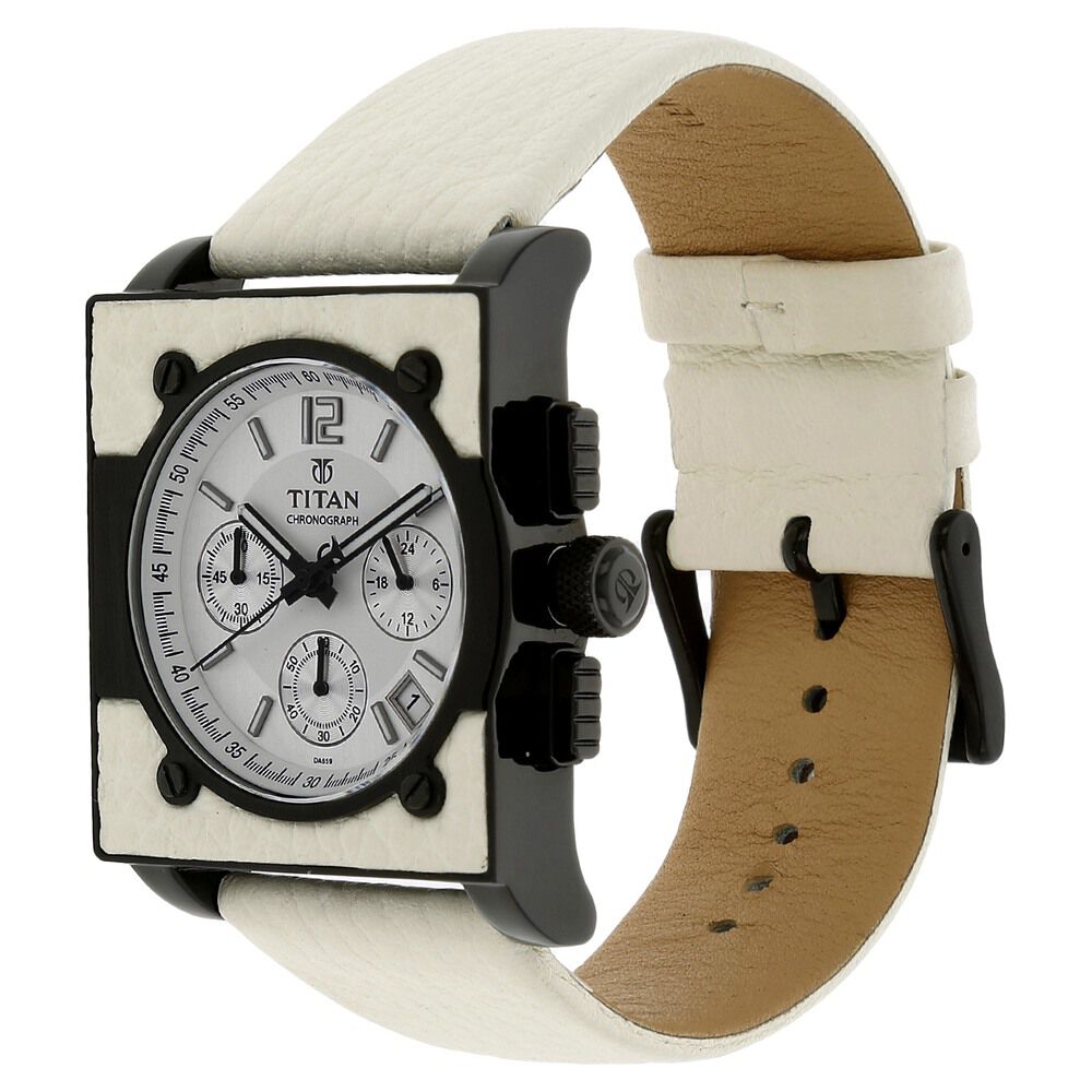 Titan Quartz Chronograph Silver Dial Leather Strap Watch for Men-NB9414NL01
