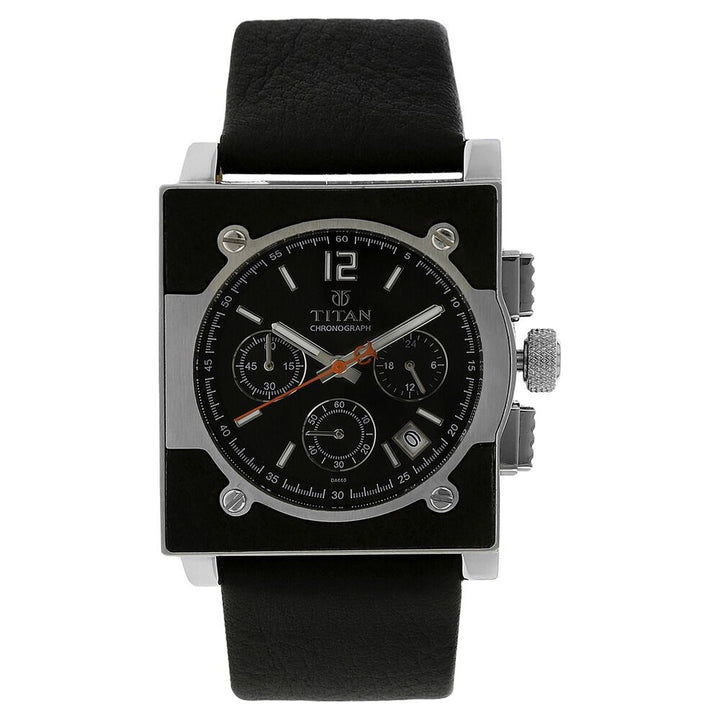 Titan Quartz Chronograph Black Dial Leather Strap Watch for Men-NB9414SL01