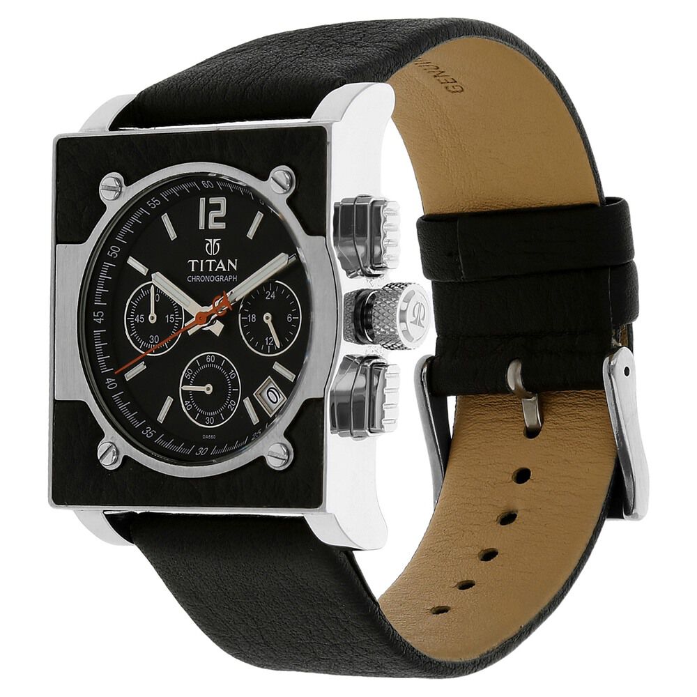 Titan Quartz Chronograph Black Dial Leather Strap Watch for Men-NB9414SL01