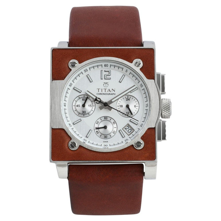 Titan Chronograph White Dial Leather Strap watch for Men-NB9414SL03