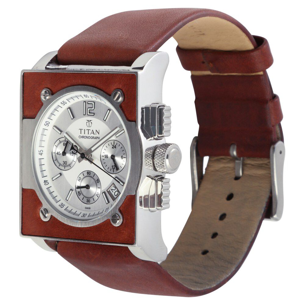 Titan Chronograph White Dial Leather Strap watch for Men-NB9414SL03