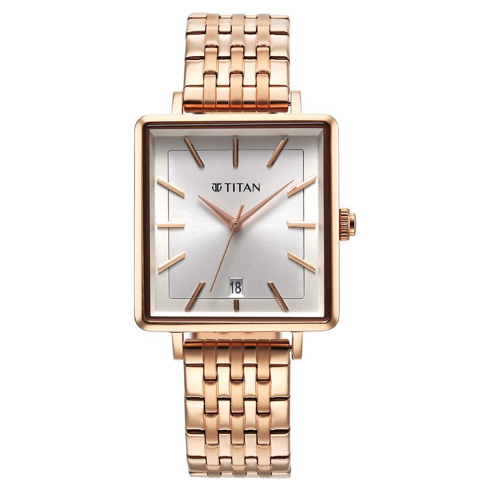Titan Minimalists Quartz Analog with Date Silver Dial Rose Gold Stainless Steel Strap Watch for Women - The Watch Factory ®