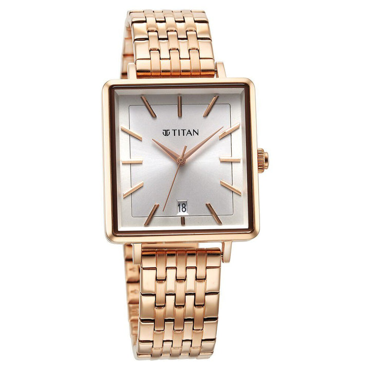 Titan Minimalists Quartz Analog with Date Silver Dial Rose Gold Stainless Steel Strap Watch for Women - The Watch Factory ®
