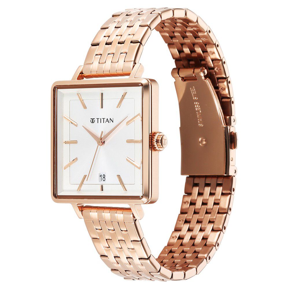 Titan Minimalists Quartz Analog with Date Silver Dial Rose Gold Stainless Steel Strap Watch for Women - The Watch Factory ®