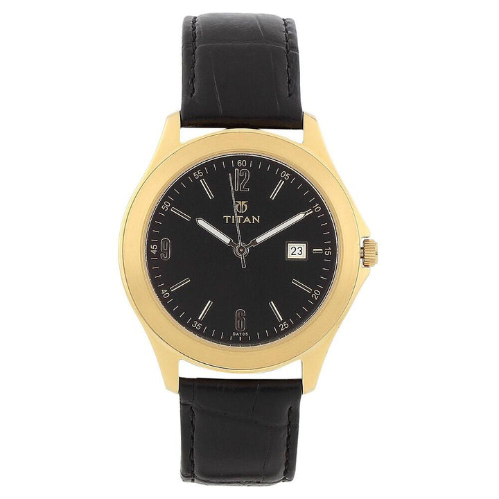 Titan Quartz Analog with Date Black Dial Leather Strap Watch for Men-NC9420YL02