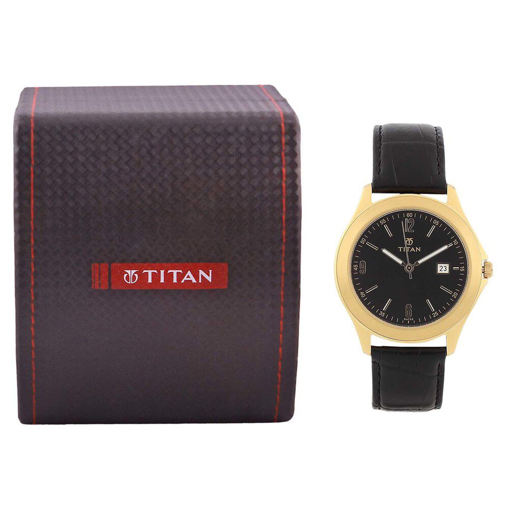 Titan Quartz Analog with Date Black Dial Leather Strap Watch for Men-NC9420YL02
