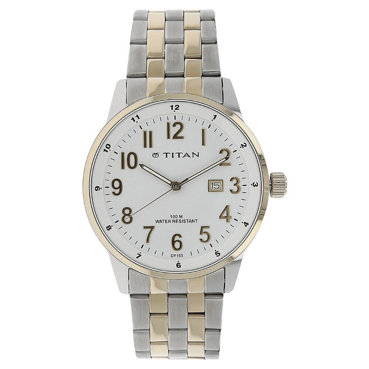 Titan Quartz Analog with Date White Dial Stainless Steel Strap Watch for Men-NM9441BM01