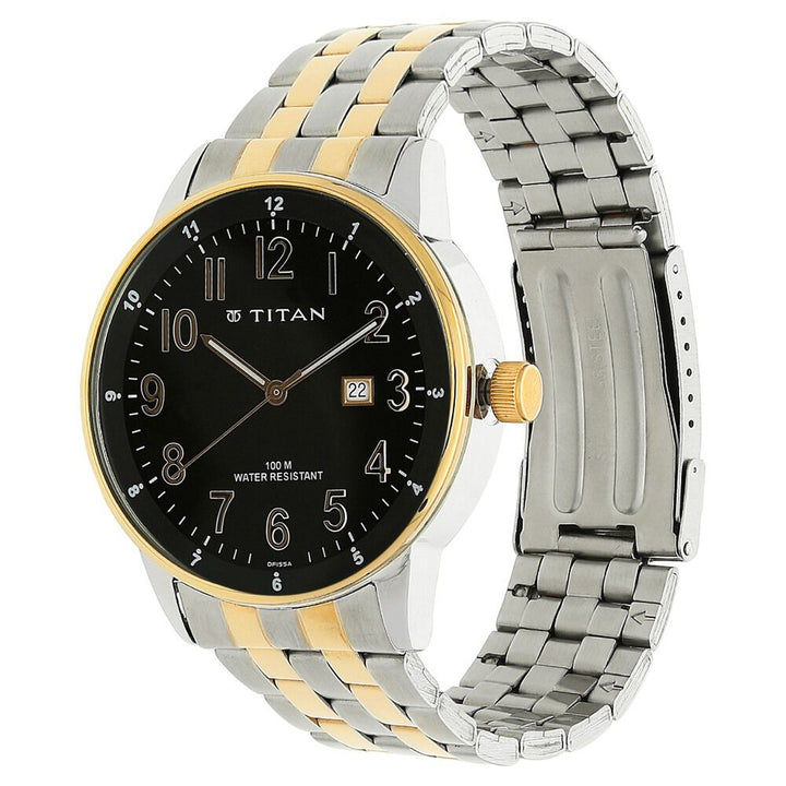 Titan Quartz Analog with Date Black Dial Stainless Steel Strap Watch for Men-NK9441KM01