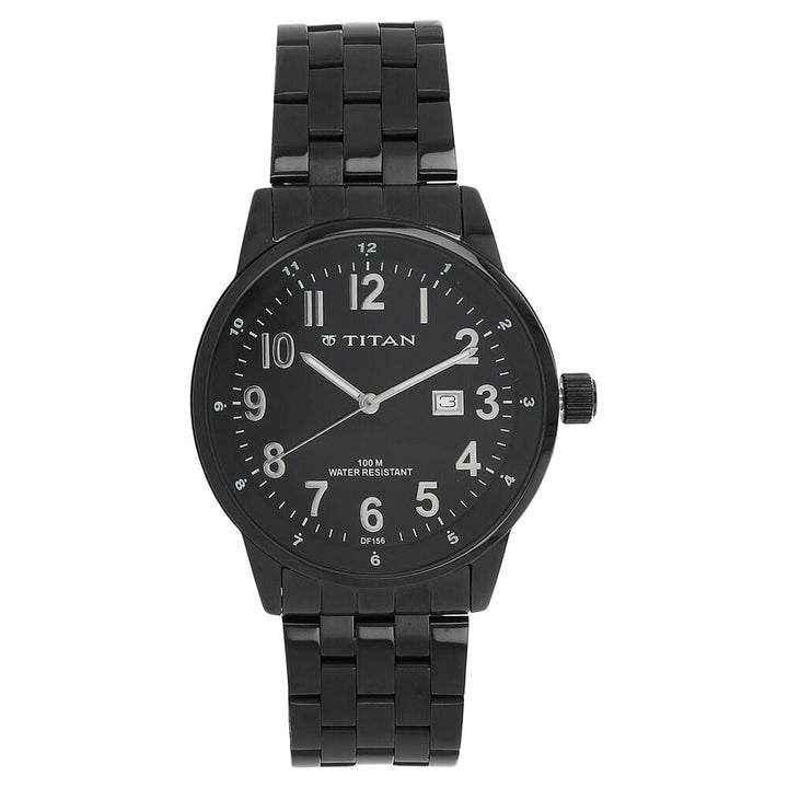 Titan Quartz Analog with Date Black Dial Stainless Steel Strap Watch for Men-NM9441NM01