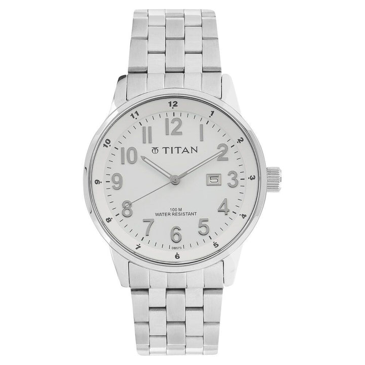 Titan Quartz Analog with Date White Dial Stainless Steel Strap Watch for Men-NK9441SM02