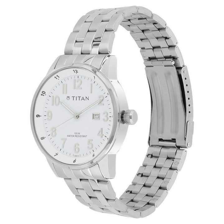 Titan Quartz Analog with Date White Dial Stainless Steel Strap Watch for Men-NK9441SM02