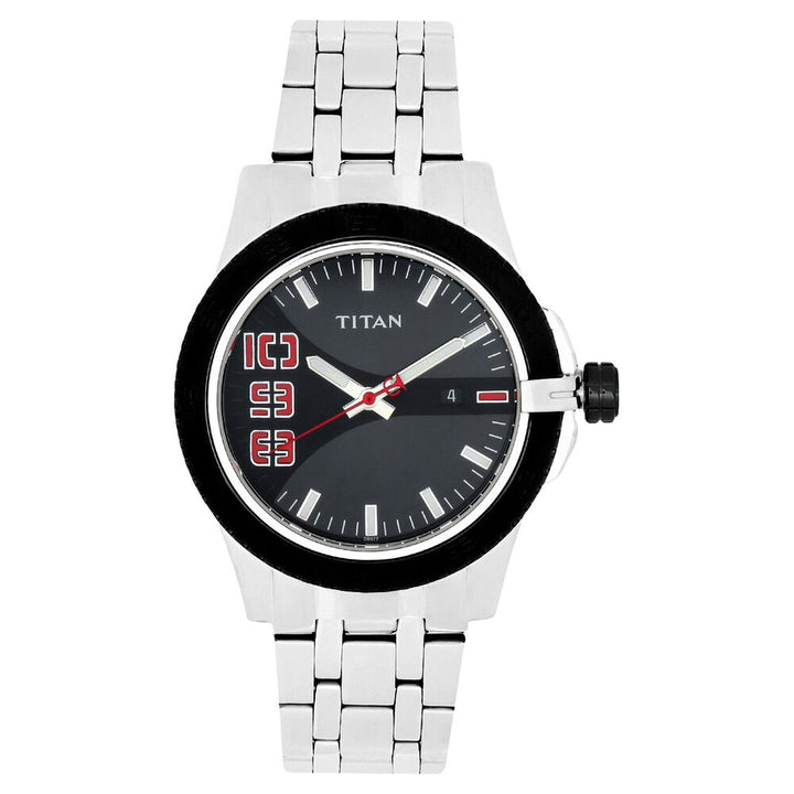 Titan Quartz Analog with Date Black Dial Stainless Steel Strap Watch for Men-9442KM01