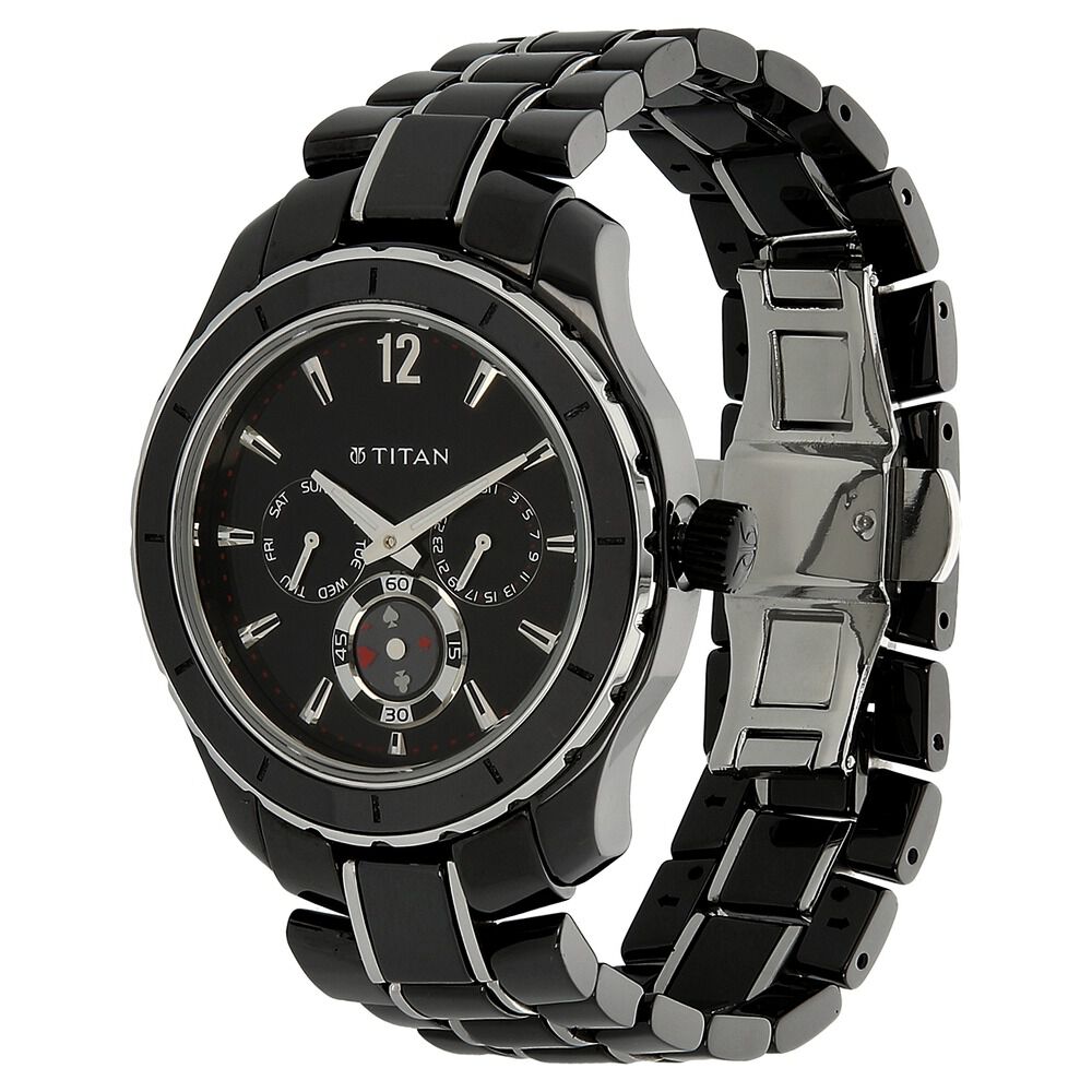 Titan Quartz Analog with Day and Date Black Dial Stainless Steel Strap Watch for Men-NH9452KD01