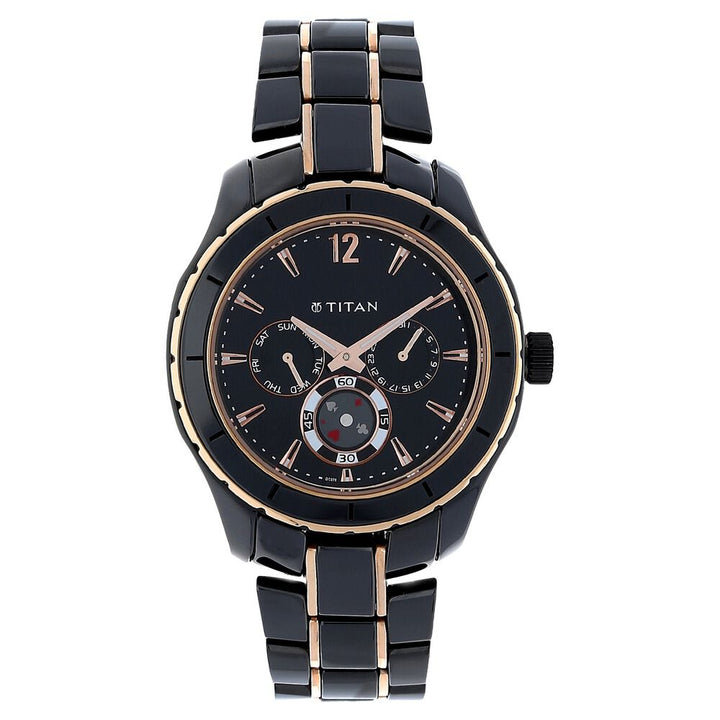 Titan Ceramic Black Dial Analog with Day and Date Stainless Steel Strap Watch for Men-NK9452KD02