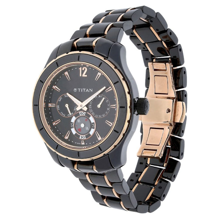 Titan Ceramic Black Dial Analog with Day and Date Stainless Steel Strap Watch for Men-NK9452KD02