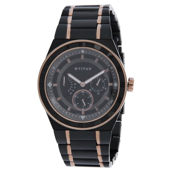 Titan Quartz Multifunction Black Dial Stainless Steel Strap Watch for Men-NH9453KM02E