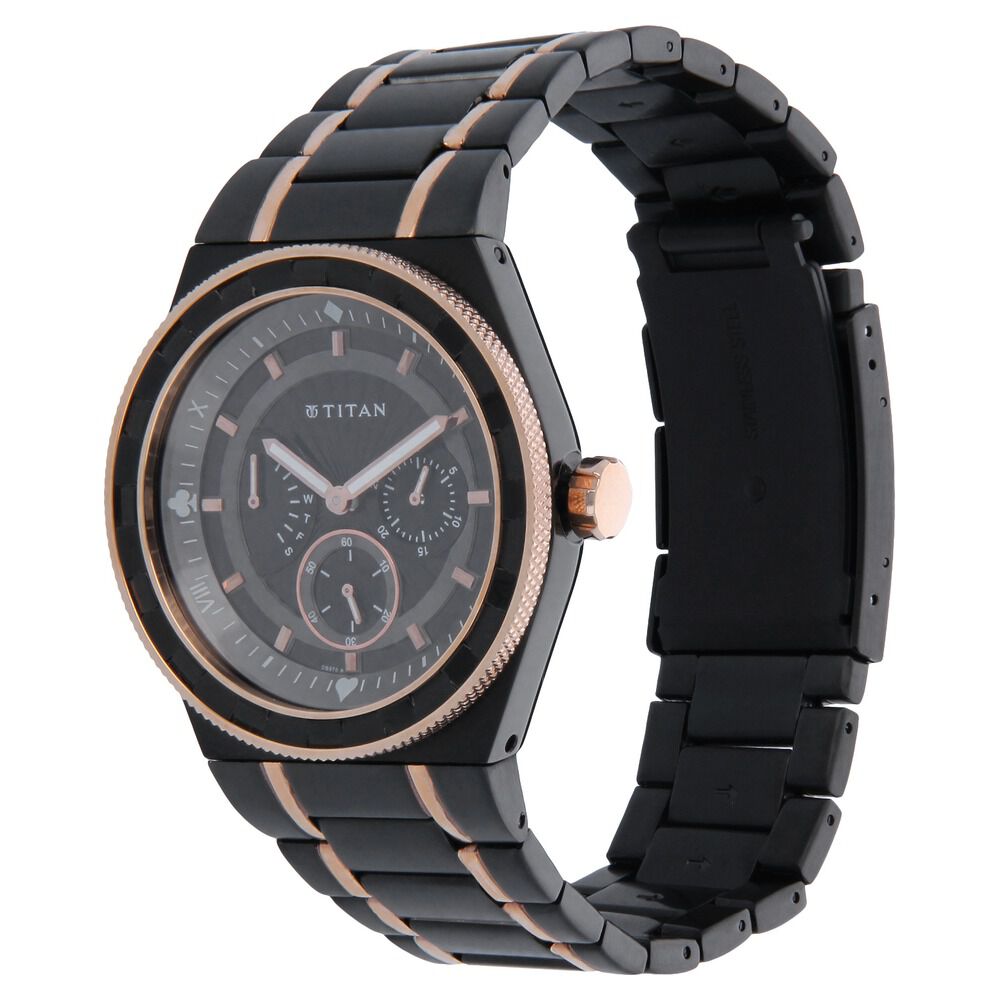 Titan Quartz Multifunction Black Dial Stainless Steel Strap Watch for Men-NH9453KM02E