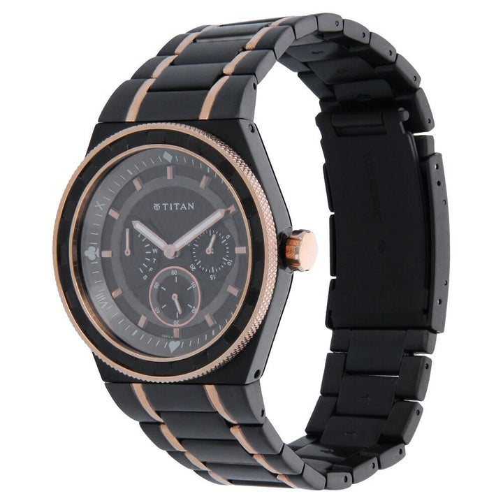 Titan Quartz Multifunction Black Dial Stainless Steel Strap Watch for Men-NH9453KM02E