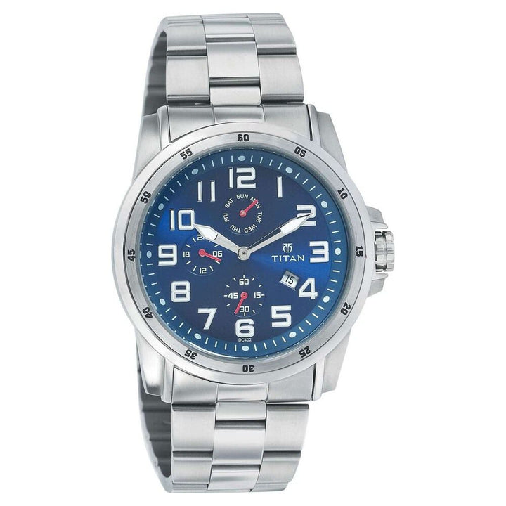 Titan Quartz Multifunction Blue Dial Metal Strap Watch for Men-9454SM01J