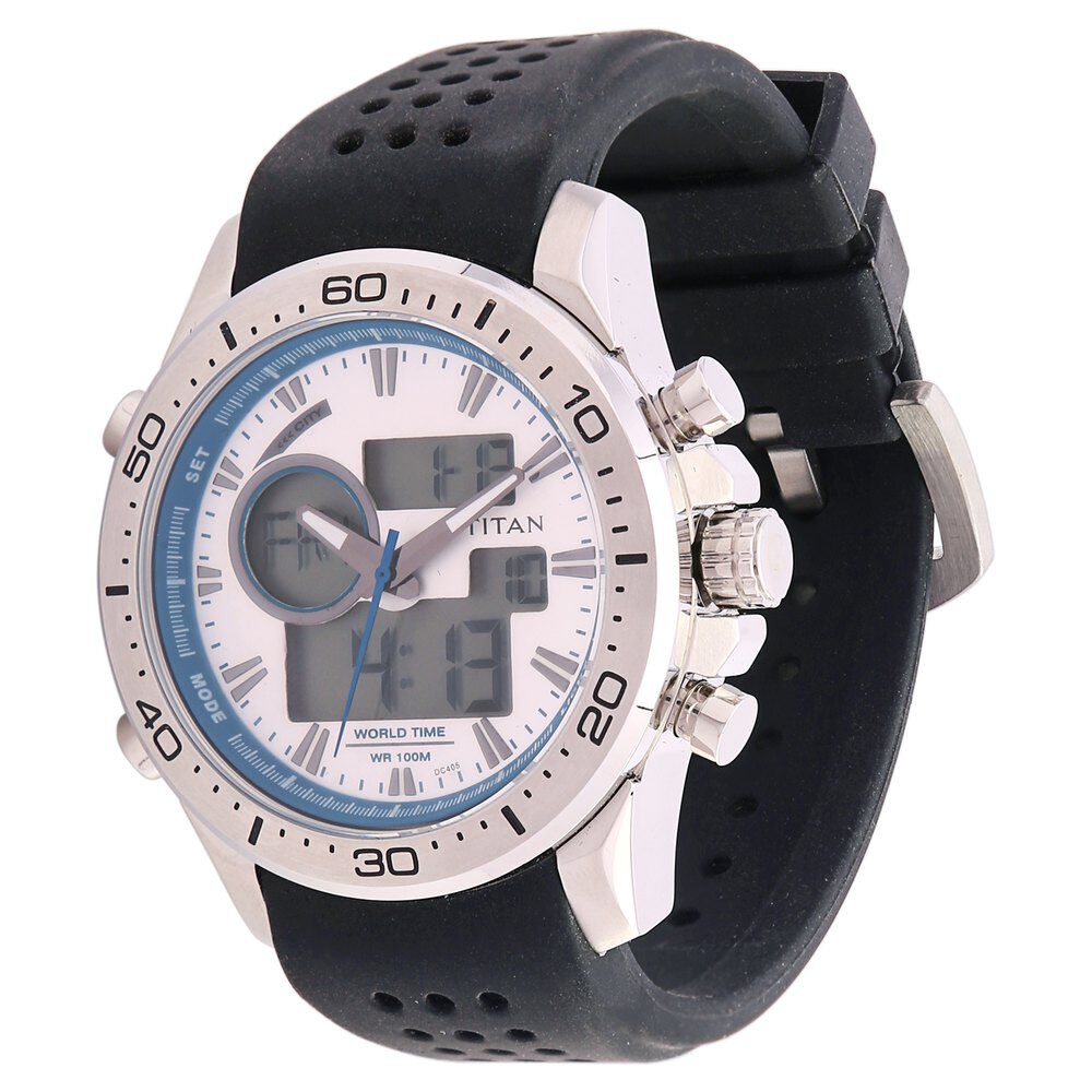 Titan Ana Digi Silver Dial Quartz Digital Plastic Strap watch for Men-9455SP03