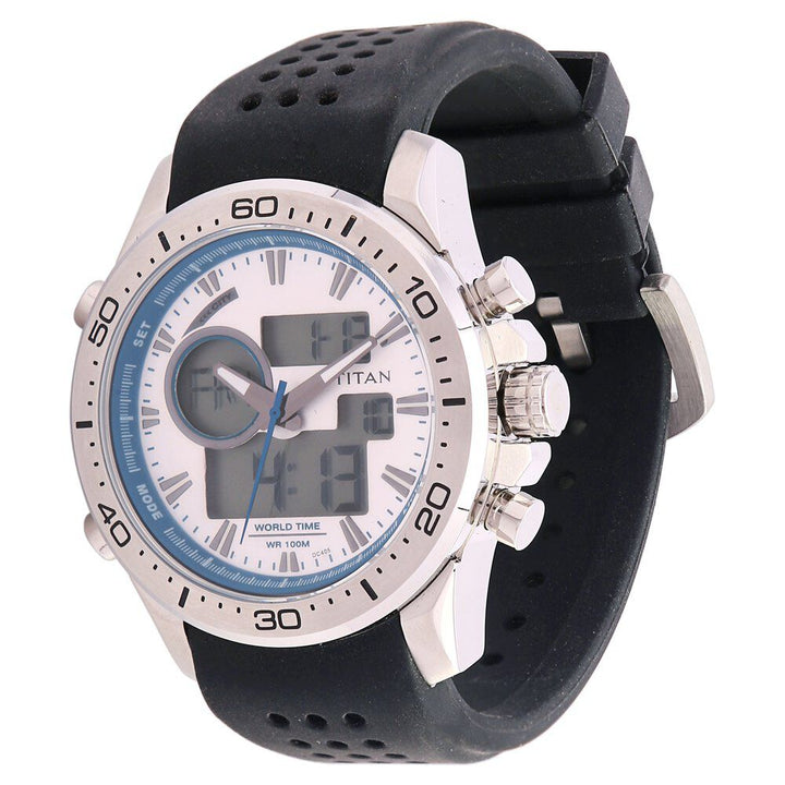 Titan Ana Digi Silver Dial Quartz Digital Plastic Strap watch for Men-9455SP03